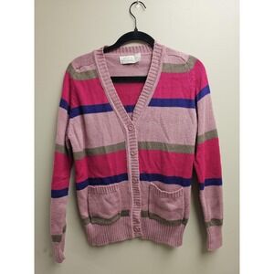 Vintage Alexinda Sweater Womens Medium Pink‎ Striped Cardigan Pockets Button 90s